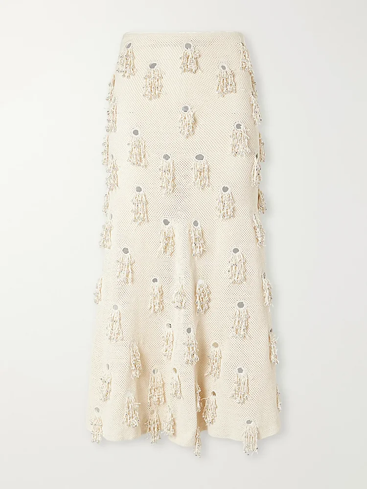 Jane fringed-embellished cotton crochet-knit midi skirt