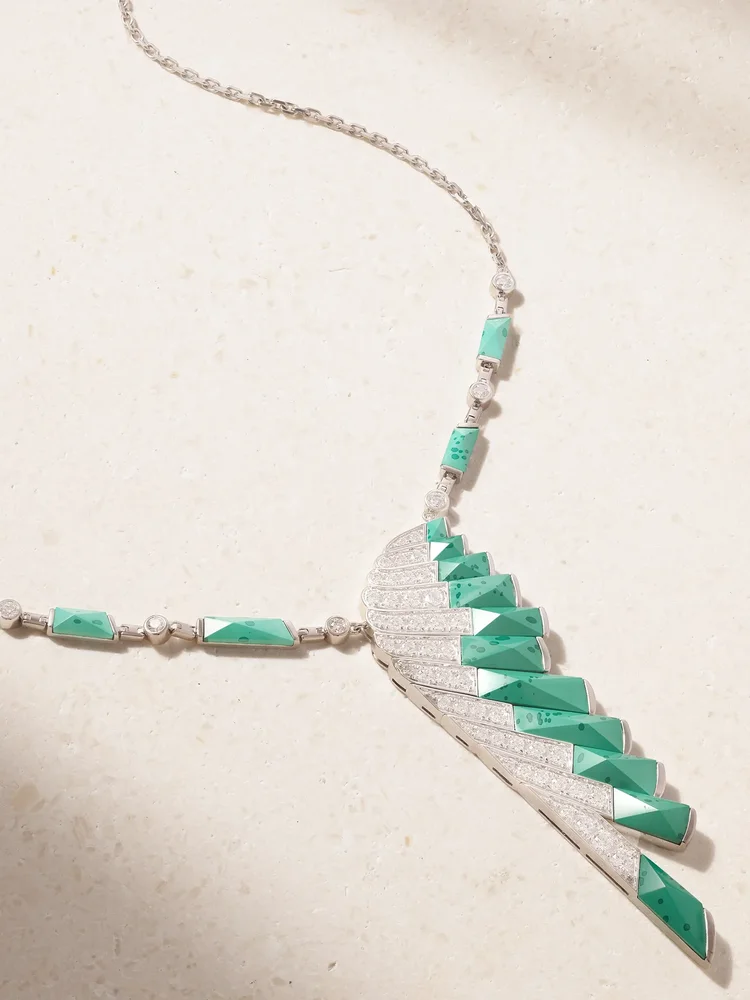 Wings Rising 18-karat white gold, malachite and diamond necklace