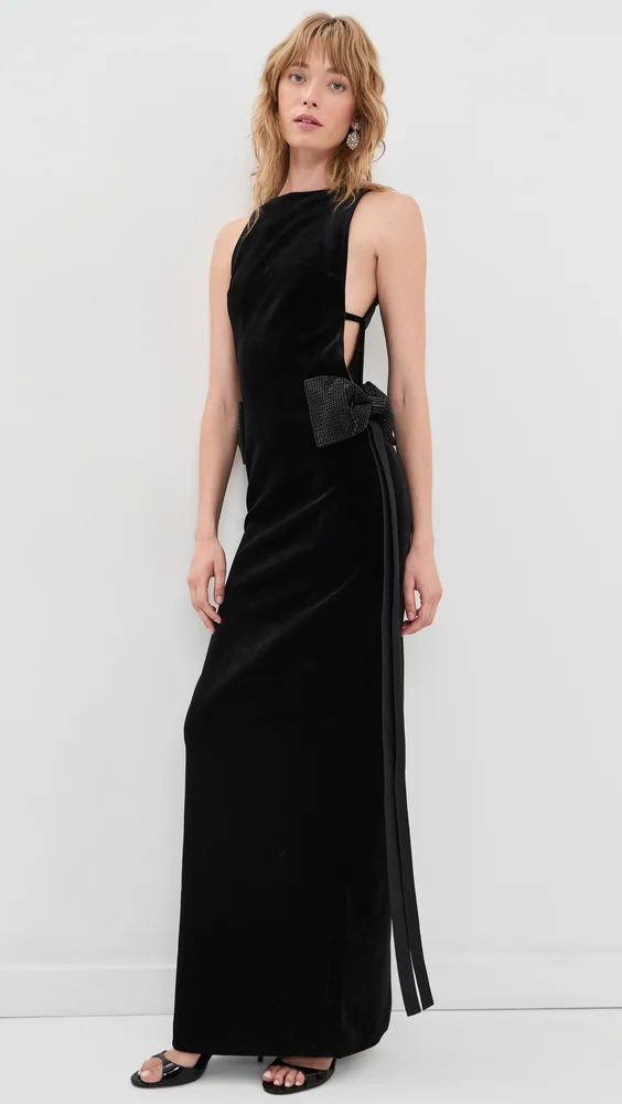 Black Velvet Bow Sides Maxi Dress
