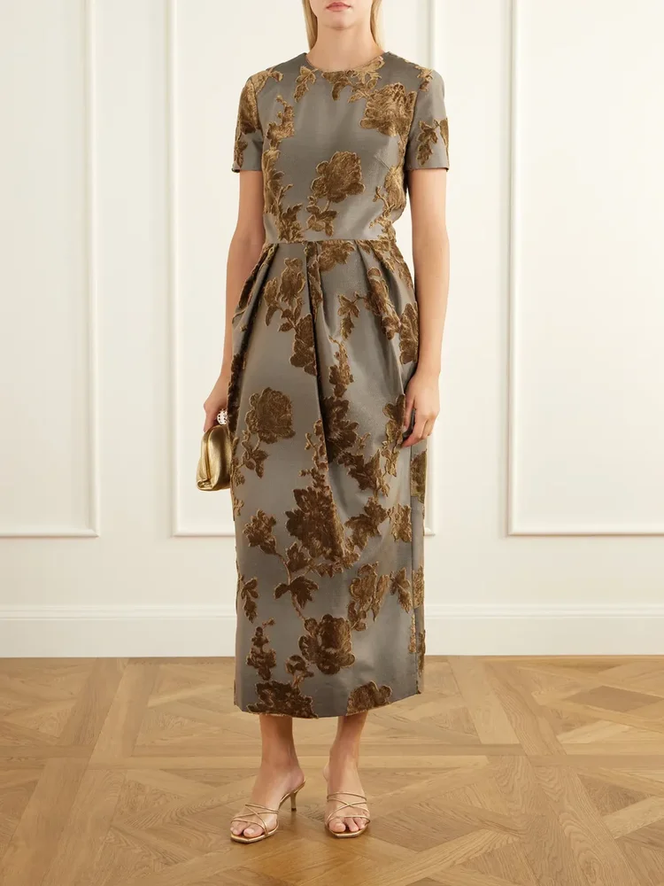 Velvet-trimmed cotton-blend midi dress