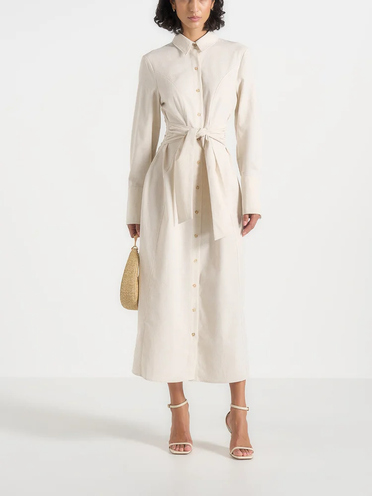 Fern Linen Midi Shirt Dress With Tie Waist