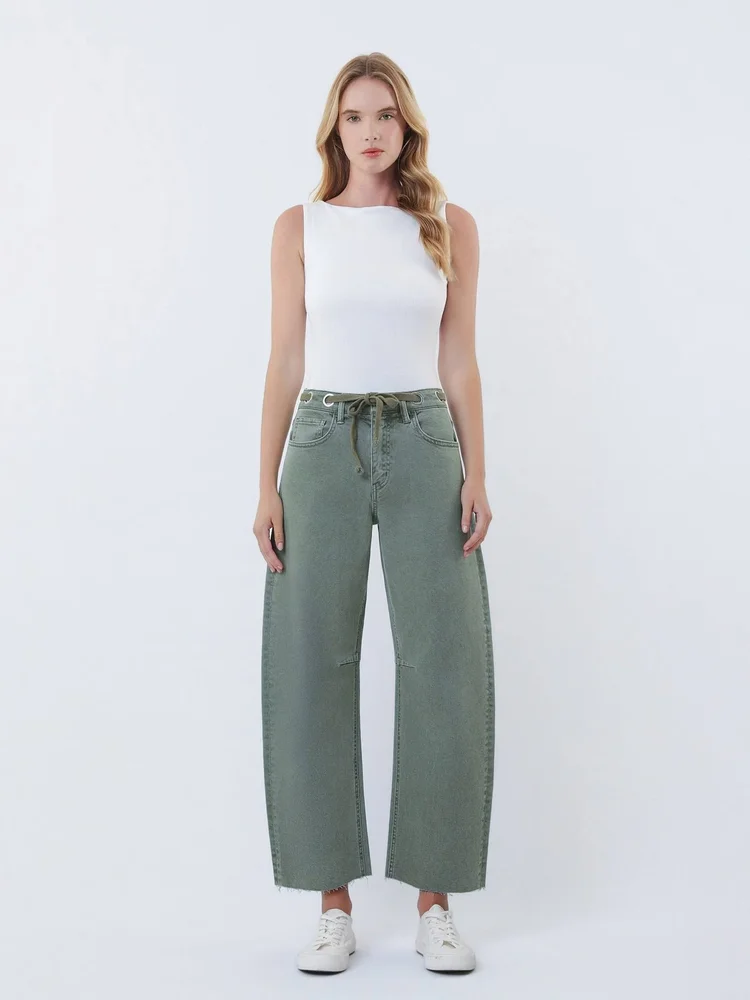 SUPER HIGH RISE DRAWSTRING WB WIDE BARREL JEANS T7041OLV