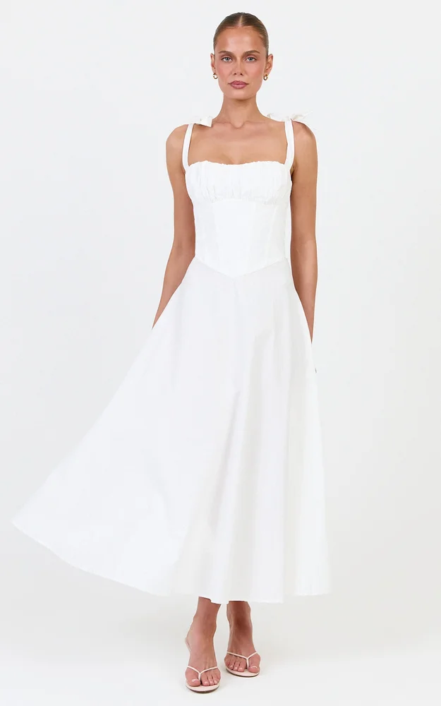 Vionette Midi Dress, Tie Shoulder Ruched Bust Corset Dress in White