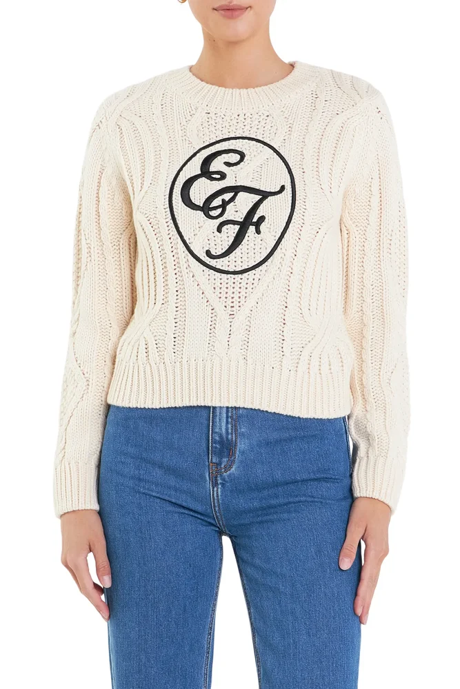 Sports Club Logo Embroidered Cable Stitch Sweater