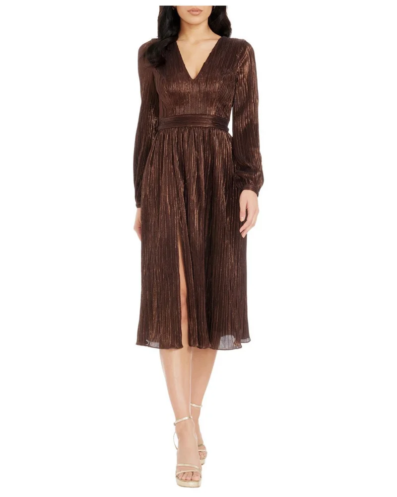 Holly Long Sleeve V-Neck Metallic Pleated Midi Dress