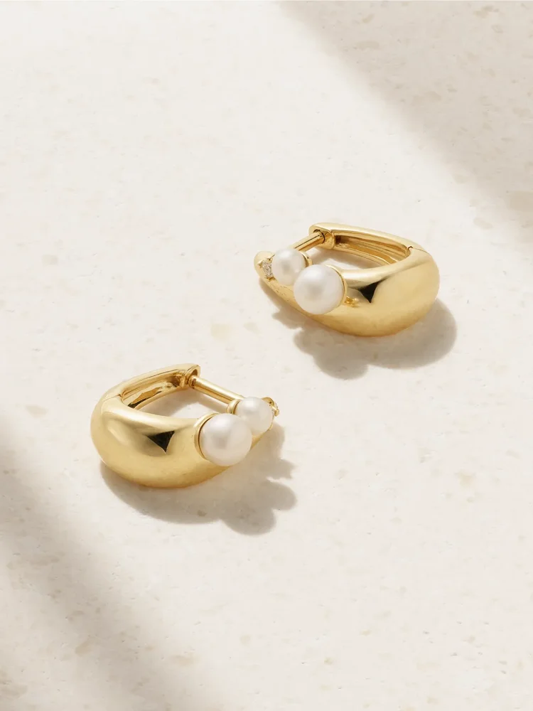 14-karat gold, pearl and diamond hoop earrings