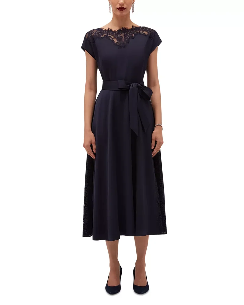 Amelie Lace Trim Satin Midi Dress