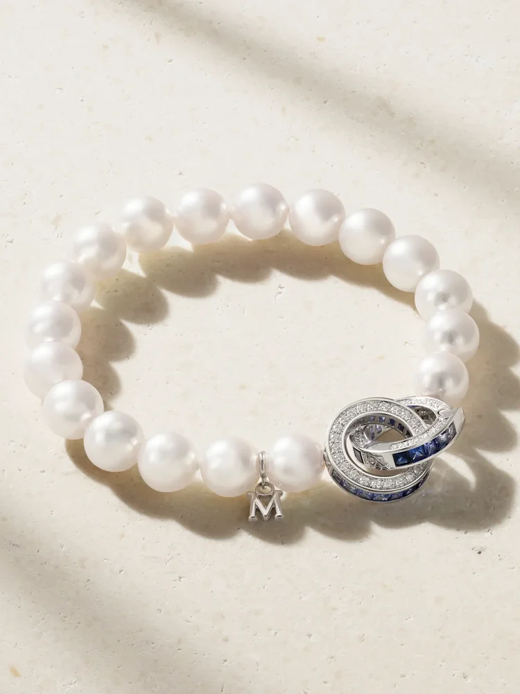 18-karat white gold sapphire, diamond and pearl bracelet