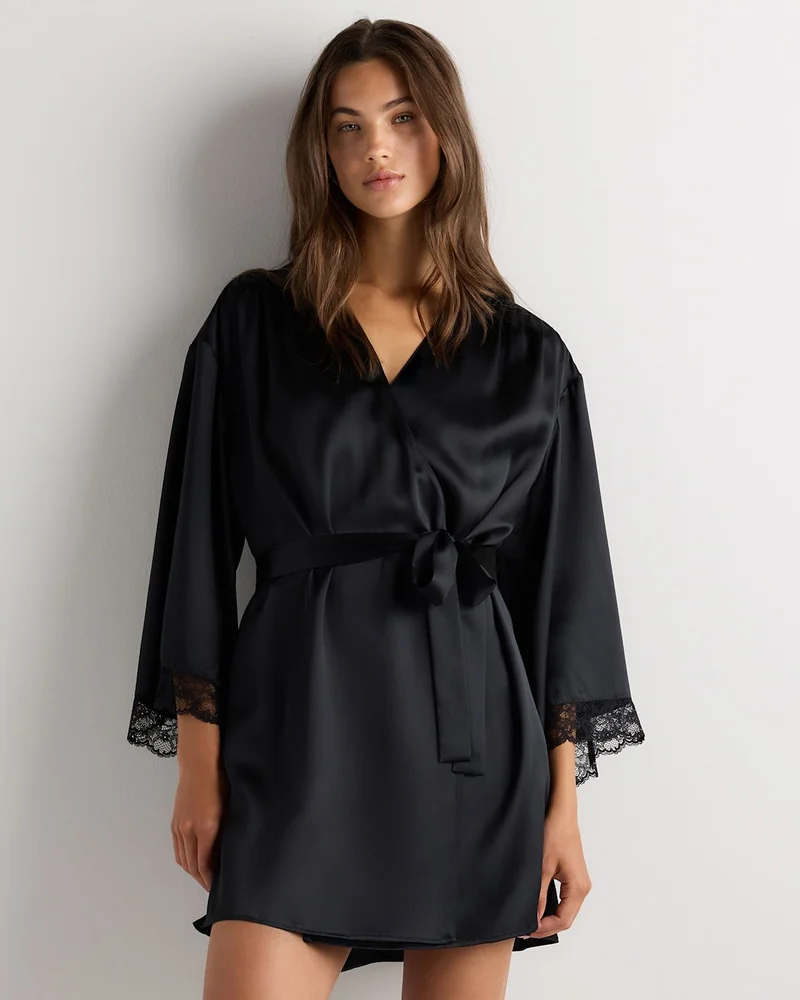 100% Washable Silk Satin Lace Trim Robe