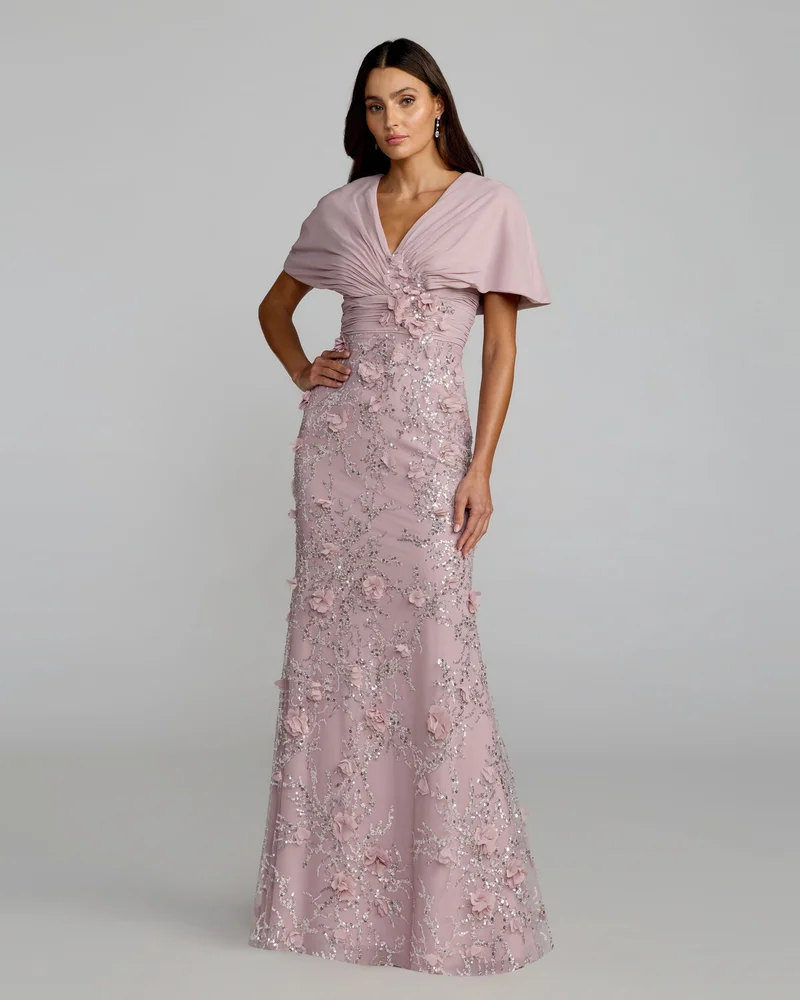 macduggal.com Purple Embellished Draped Cape Sleeve Gown