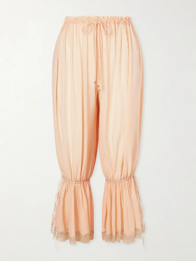 ruffled pleated lace trimmed silk charmeuse balloon pants