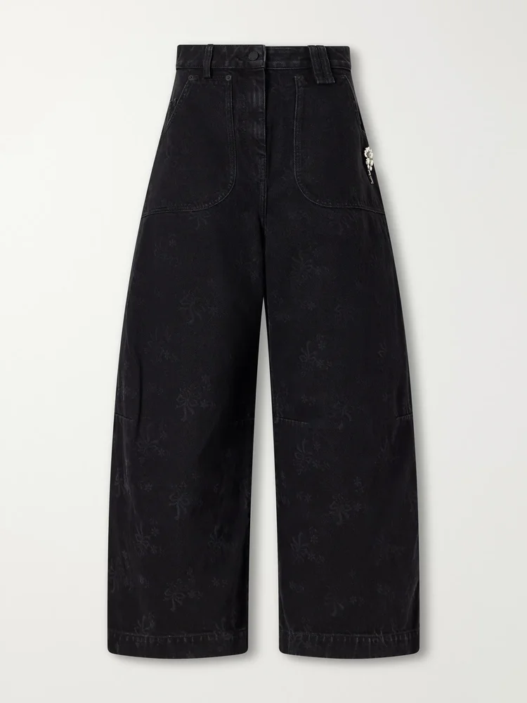 Embellished floral-print mid-rise wide-leg jeans