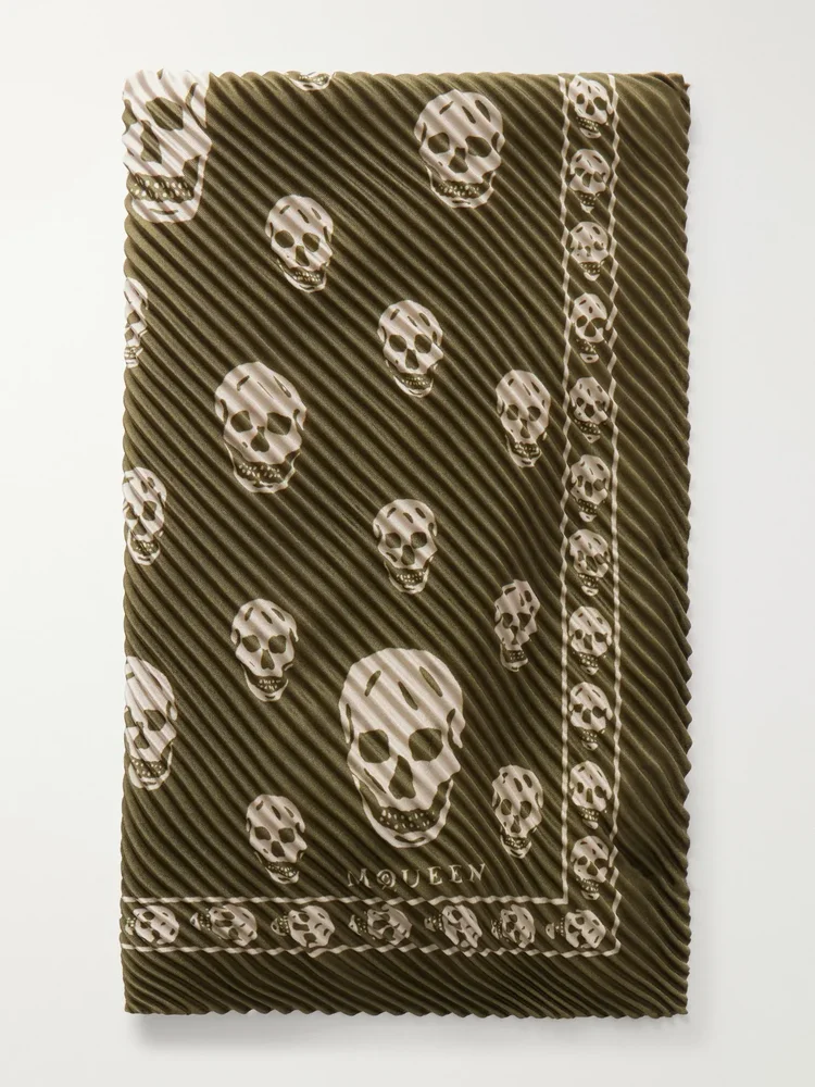 Printed plissé silk-satin scarf