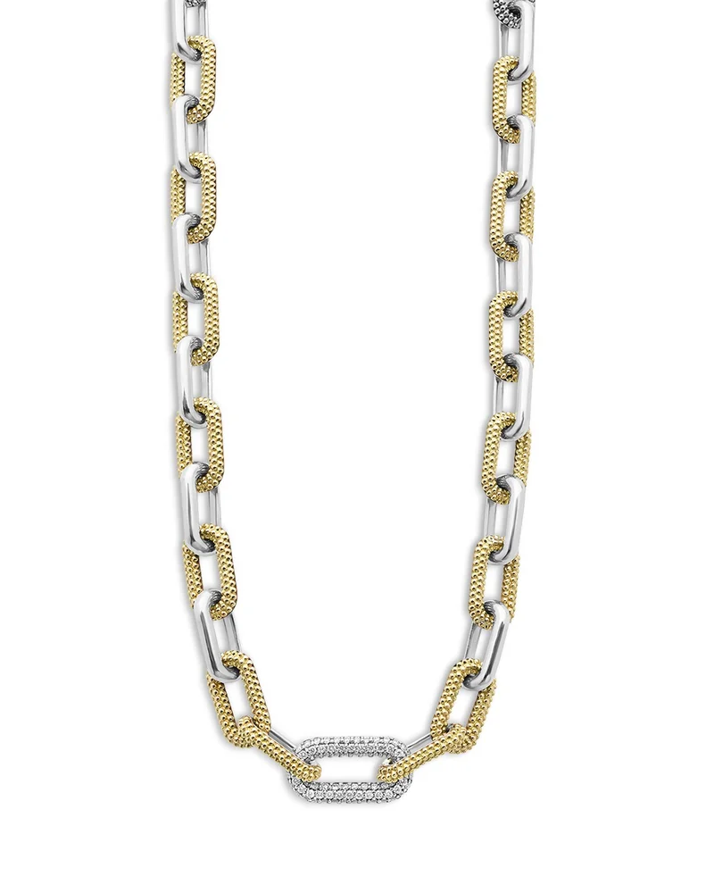18K Yellow Gold & Silver Caviar Lux-Clip Diamond Link Necklace, 18" - Exclusive