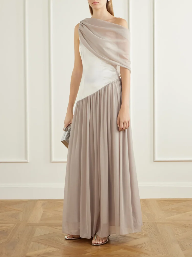 Gwyneth asymmetric draped satin-trimmed gerogette gown