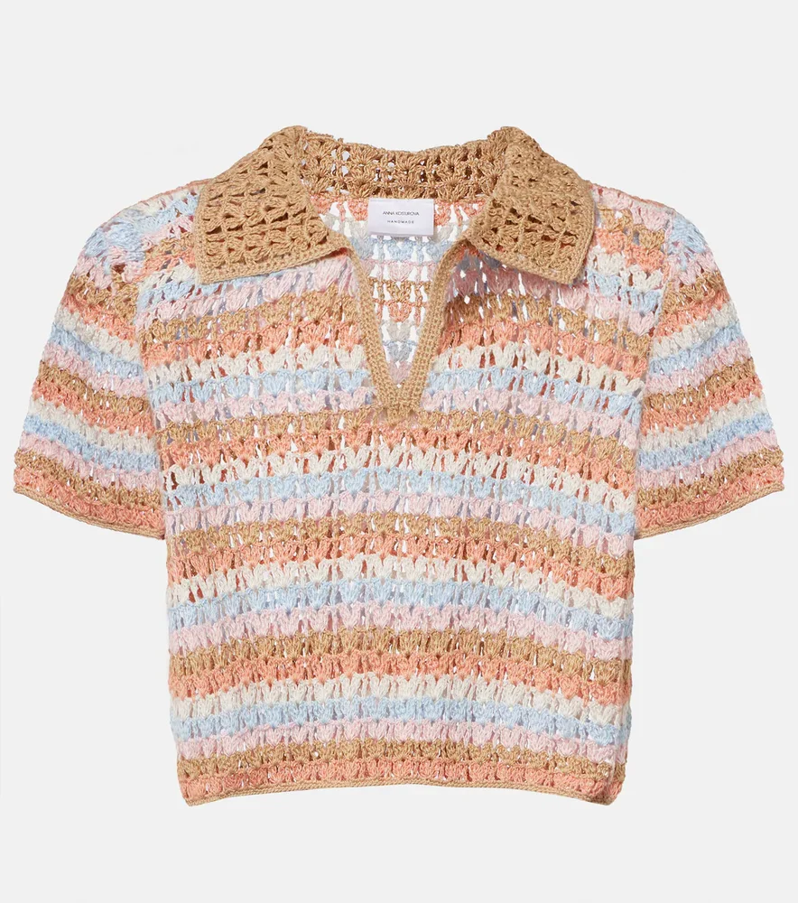 Crochet striped cotton polo shirt