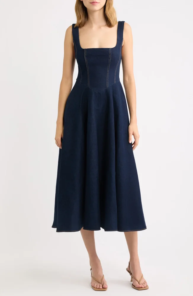 Square Neck Cotton Blend Denim Midi Dress