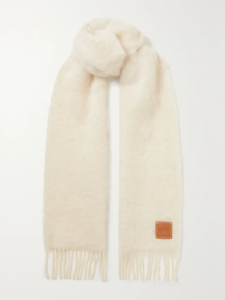 leather trimmed fringed mohair blend scarf