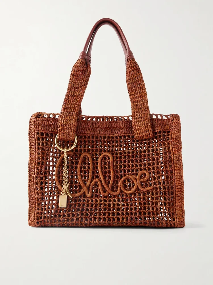 Summer Banana leather-trimmed raffia tote