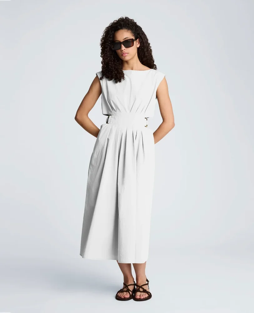 The Coastal Poplin Tie-Waist Midi Dress - Midnight