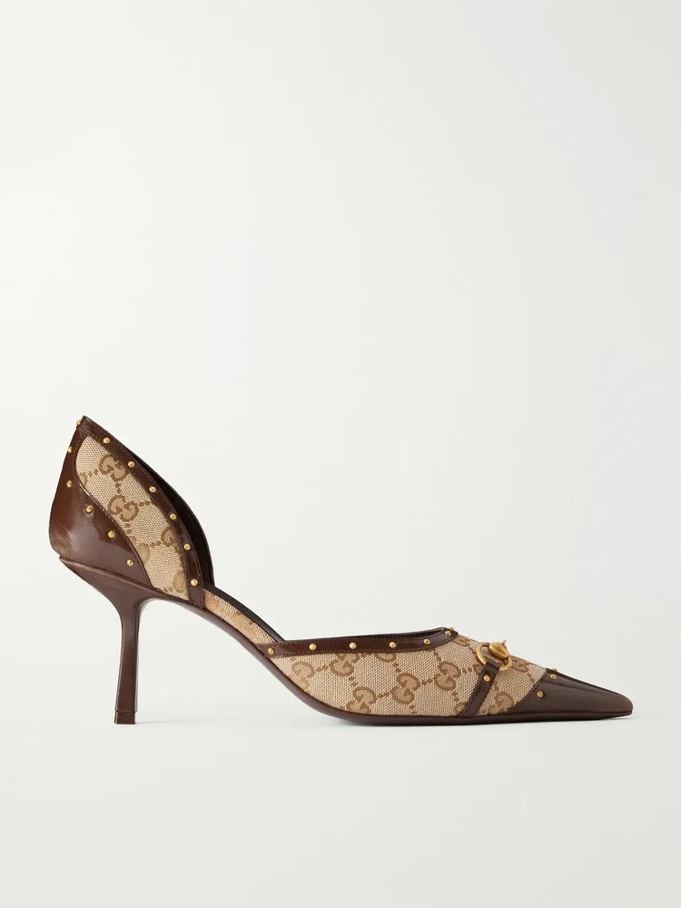Savoy horsebit-embellished leather-trimmed canvas-jacquard pumps