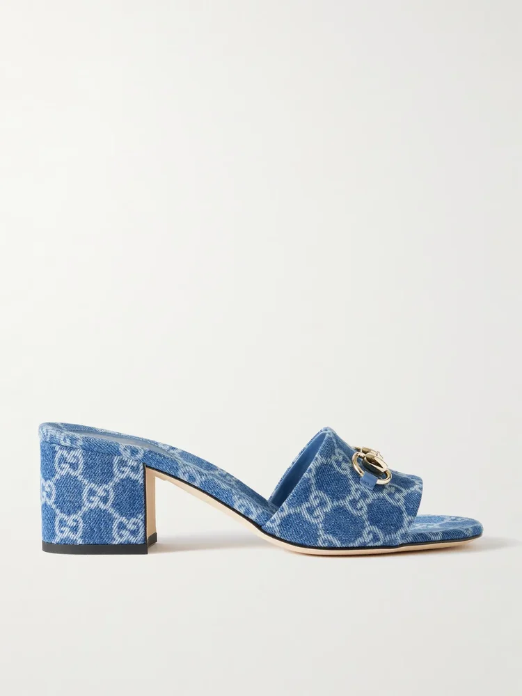 Horsebit-embellished logo-print denim mules