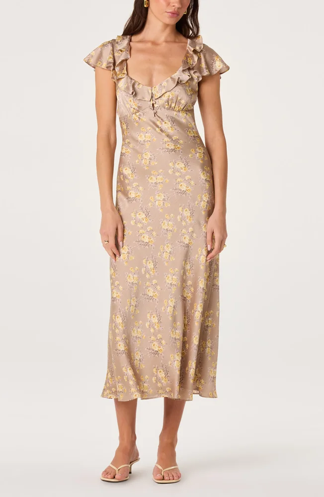 Nico Floral Ruffle Cap Sleeve Midi Dress