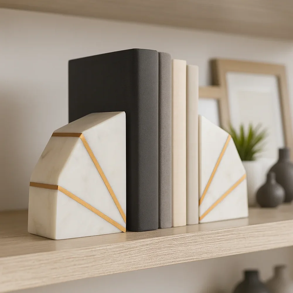 5.5" W Marble Geometric Bookends with Gold Inlay