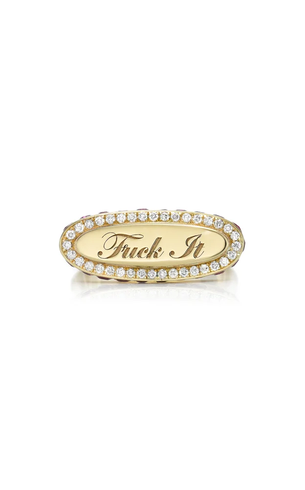 14K Yellow Gold F*** It Signet Diamond and Pink Sapphire Ring