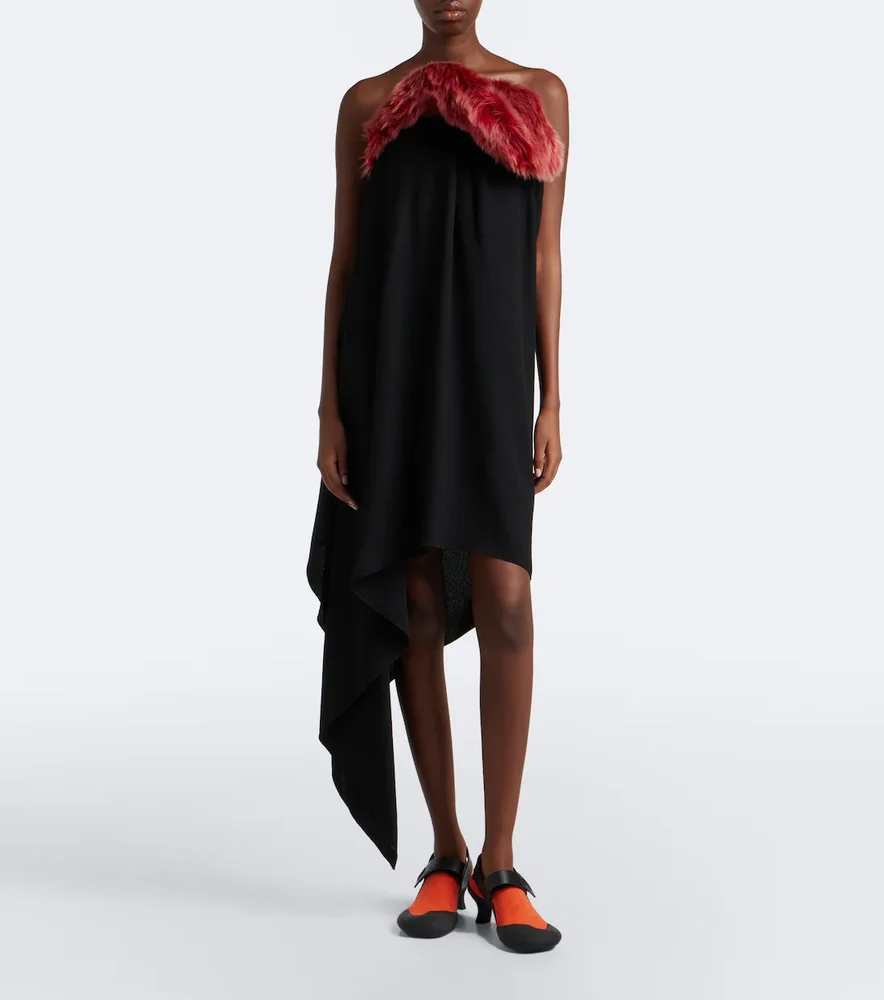 Shearling-trimmed crêpe midi dress