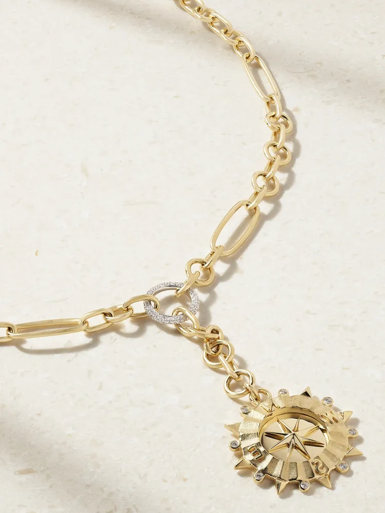 Internal Compass + Small Mixed Clip 18-karat white and yellow gold diamond necklace