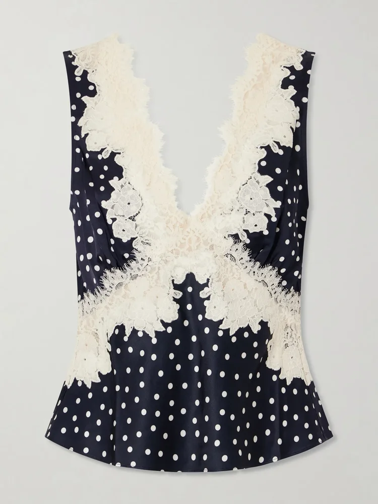 Emmie lace-trimmed polka-dot satin top