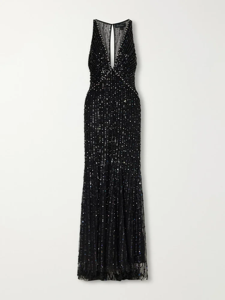 Atlas embellished cut-out satin gown