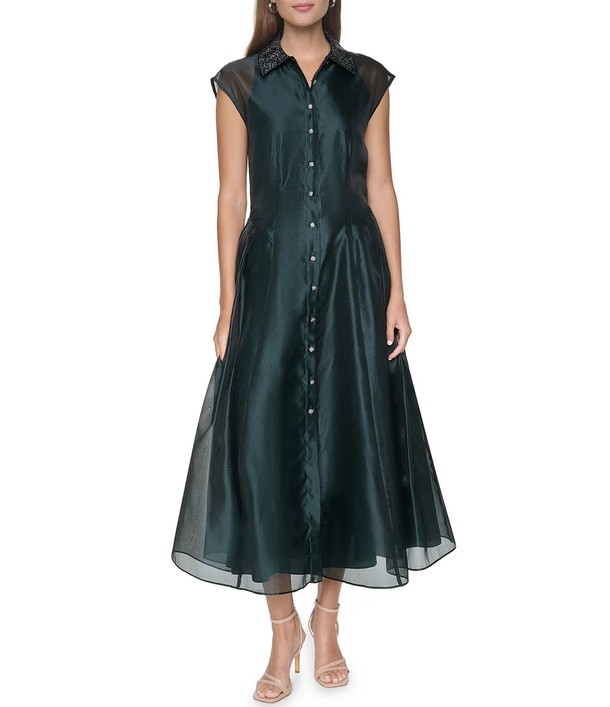 Organza Cap Sleeve Button Front Midi Dress