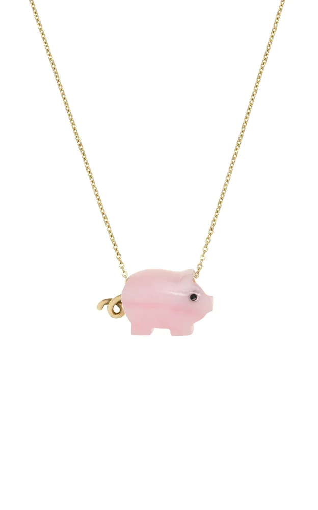 Piggy 9K Yellow Gold Pink Opal Black Marble Necklace