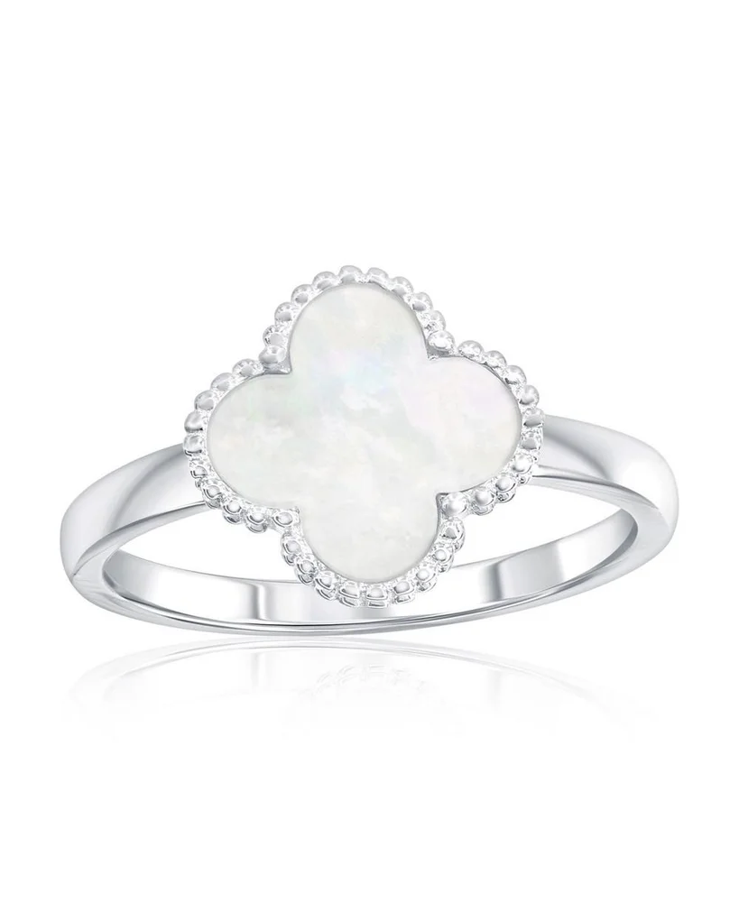 Sterling Silver, Mother of Pearl Clover, Beaded Outline Ring