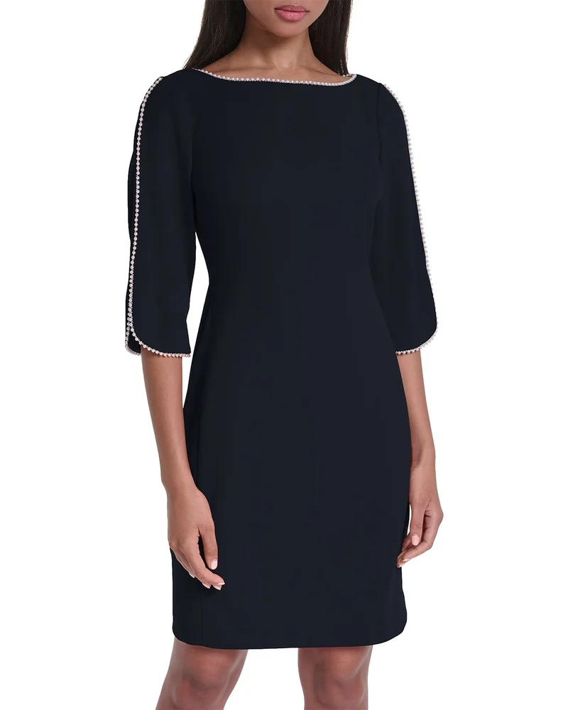 Faux Pearl Trim Boat Neck Three Quarter Sleeve Sheath Dress