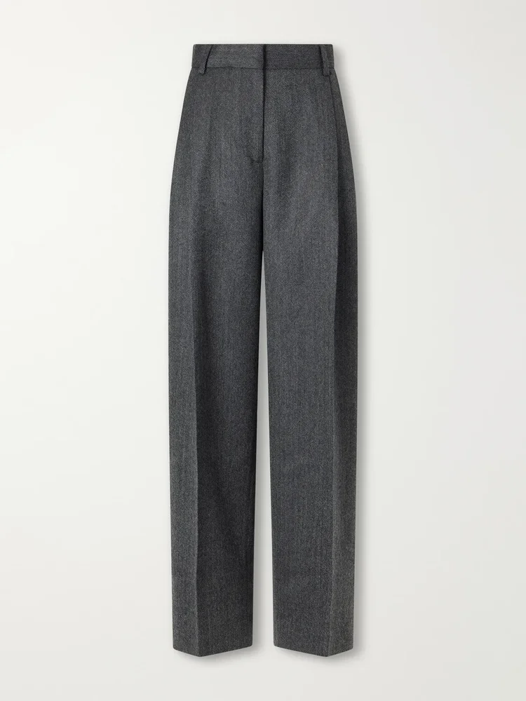 Pleated herringbone wool wide-leg pants