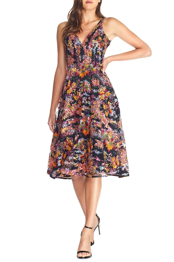 Elisa Sequin Embellished Embroidered Fit & Flare Dress