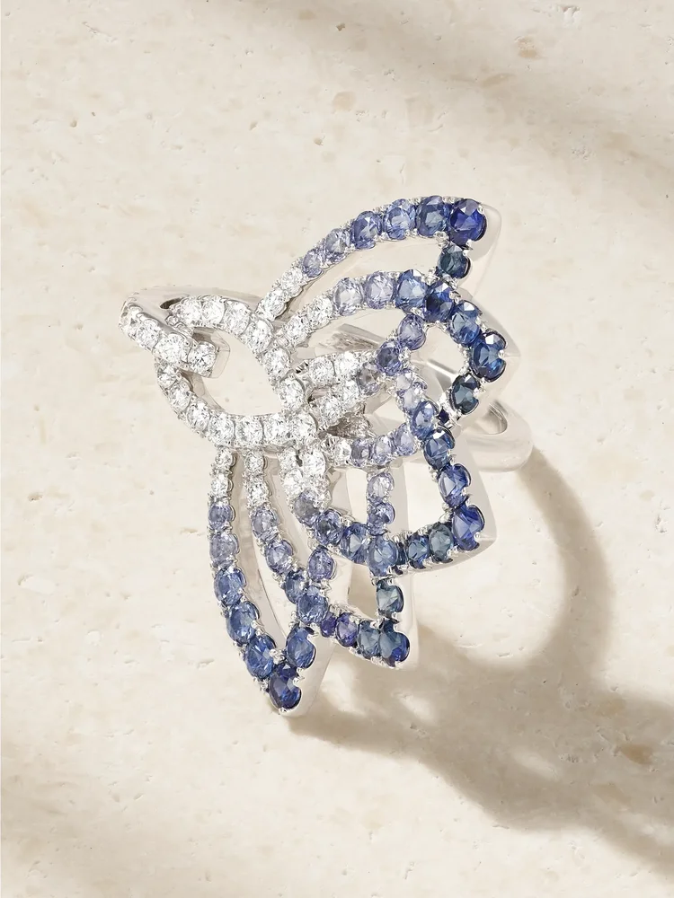 Lotus Flower 18-karat white gold, sapphire and diamond ring