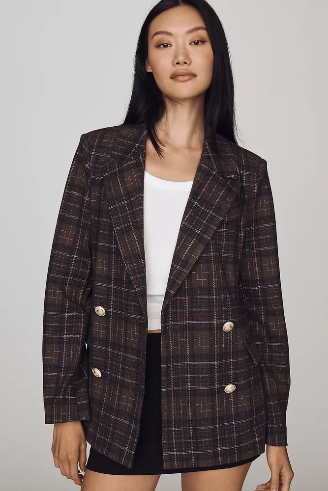 Double-Breasted Knit Plaid Blazer