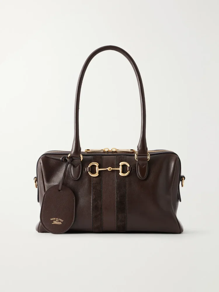 Borsetto Horsebit-embellished suede-trimmed leather shoulder bag