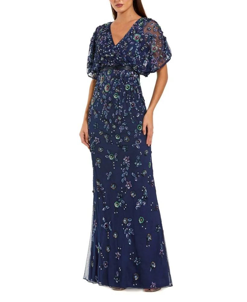 Floral Embellished Short Sleeve Blouson Gown