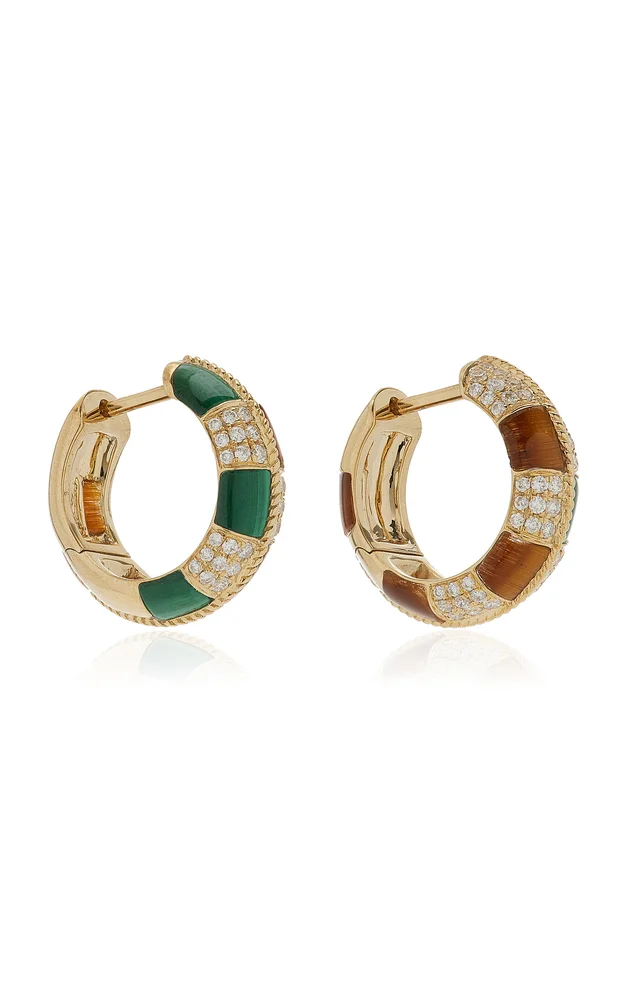 Checked 9K Yellow Gold Tiger's Eye, Malachite Hoop Earrings
