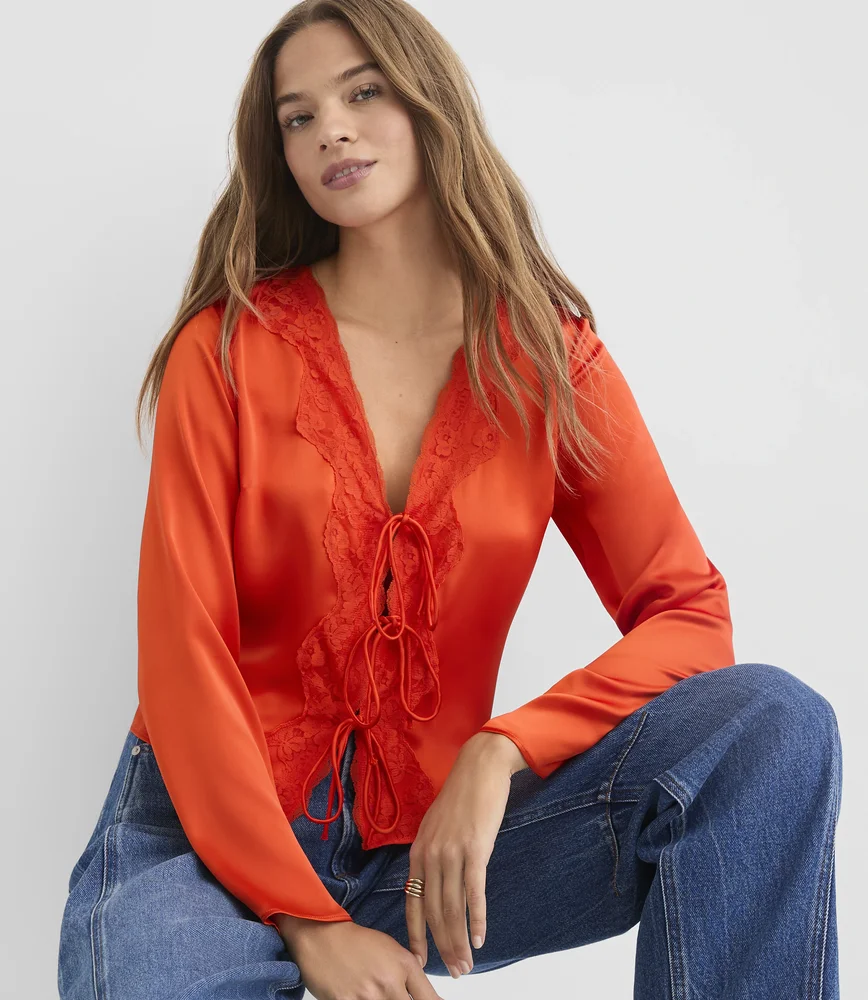 Lace Trim Satin Bow Blouse