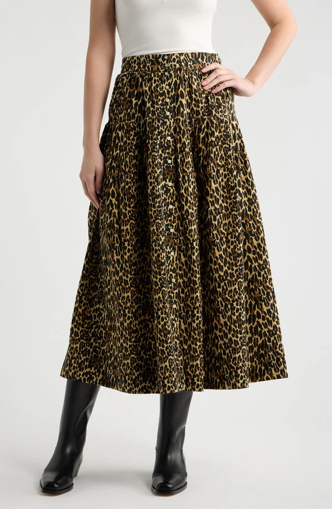 Highland Leopard Print Cotton Midi Skirt