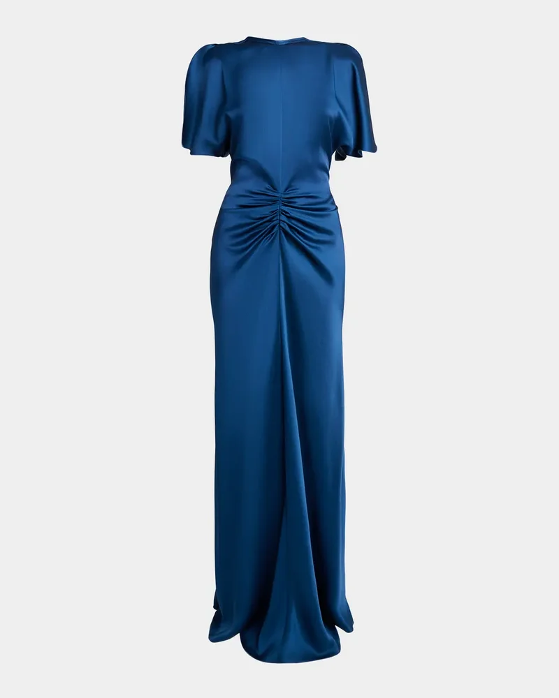 Gathered Waist Flutter-Sleeve Satin Gown