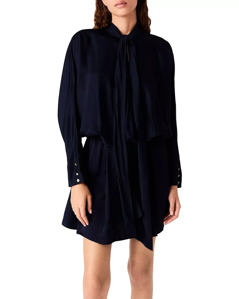 Tie Neck Draped Satin Mini Dress