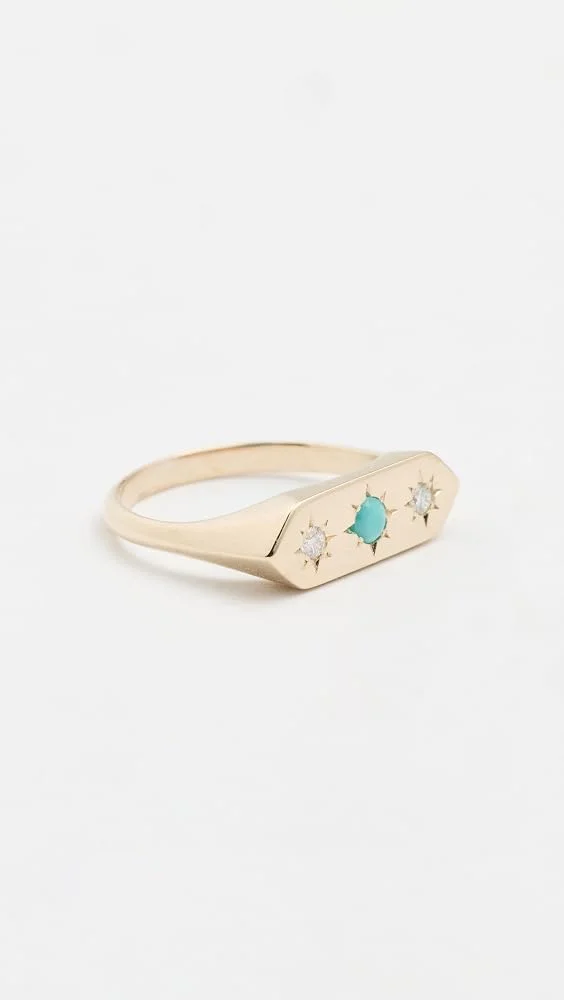 14k Gold Turquoise and Diamond Star Set Signet Ring