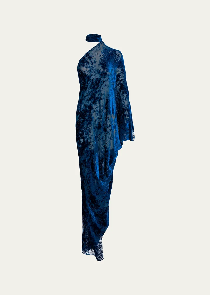 Anya Mock-Neck Asymmetric Velvet Burnout Maxi Dress